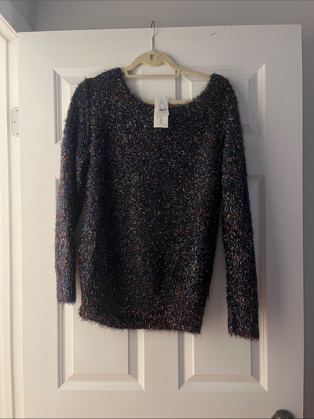 New York & Company Black Multicolor Sparkle Crewneck Sweater